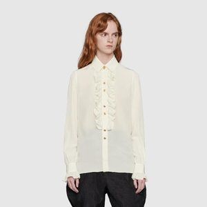 Gucci Spring 2022 Crêpe de Chine White Silk Ruffle Blouse